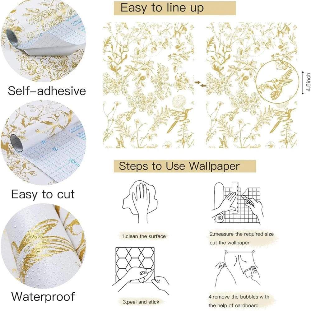 NWT Peel and Stick Wallpaper Gold and White for Walls Vinyl Roll 197